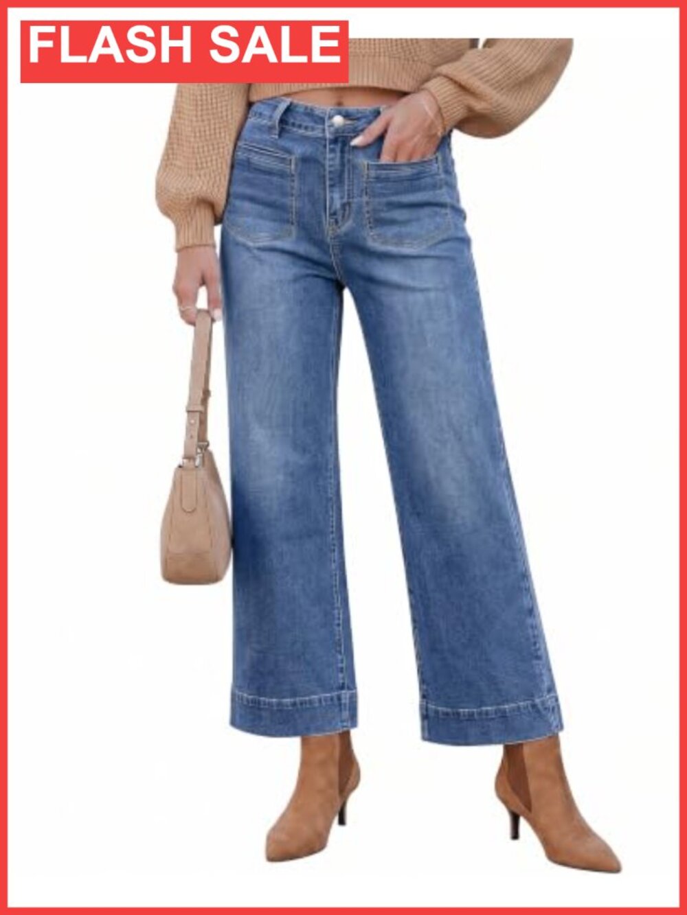 High Waisted Wide Leg Cropped Jeans Stretchy Denim Patch Pockets